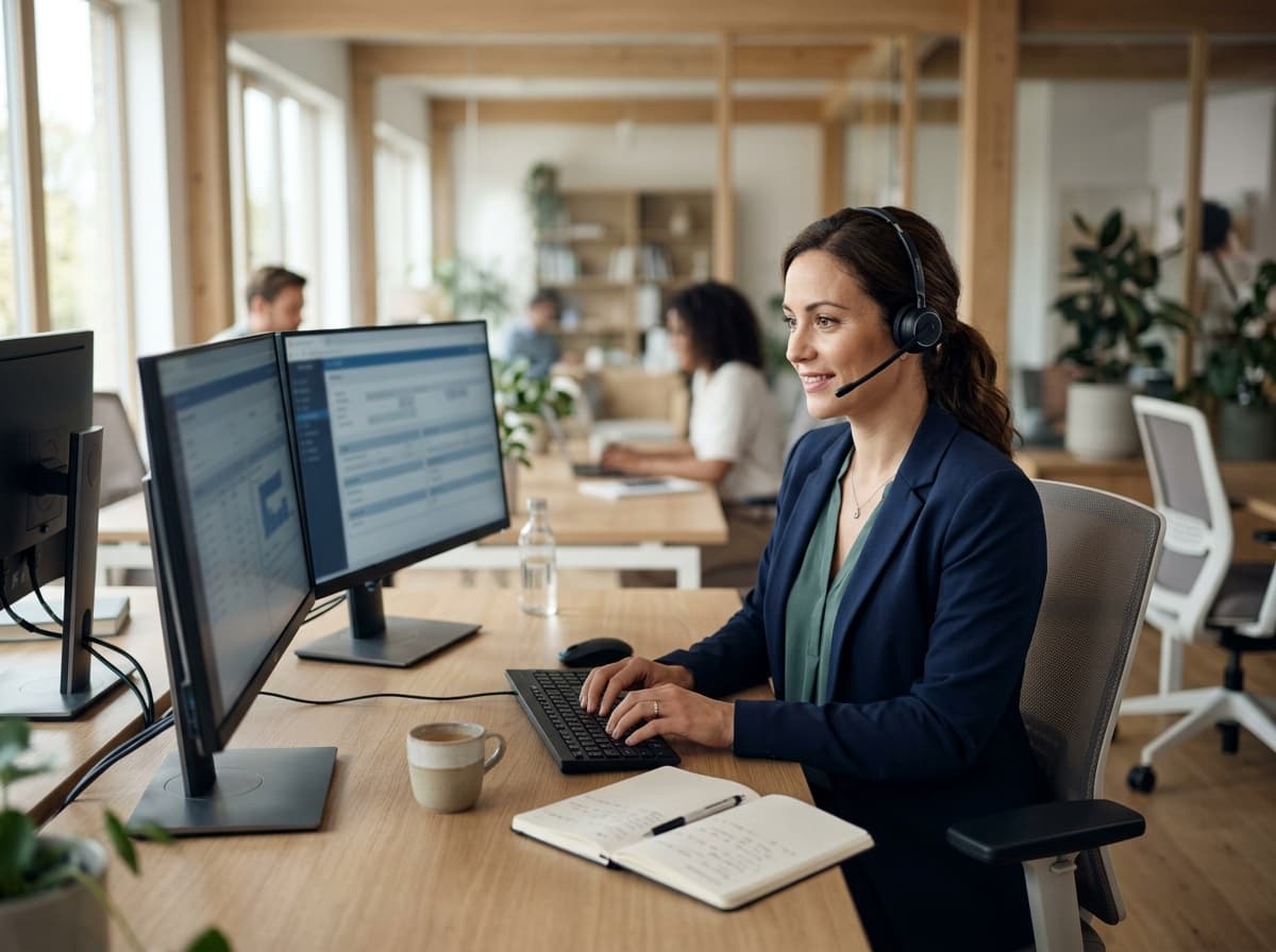 Medical billing specialist with a headset following up on claims at her workstation