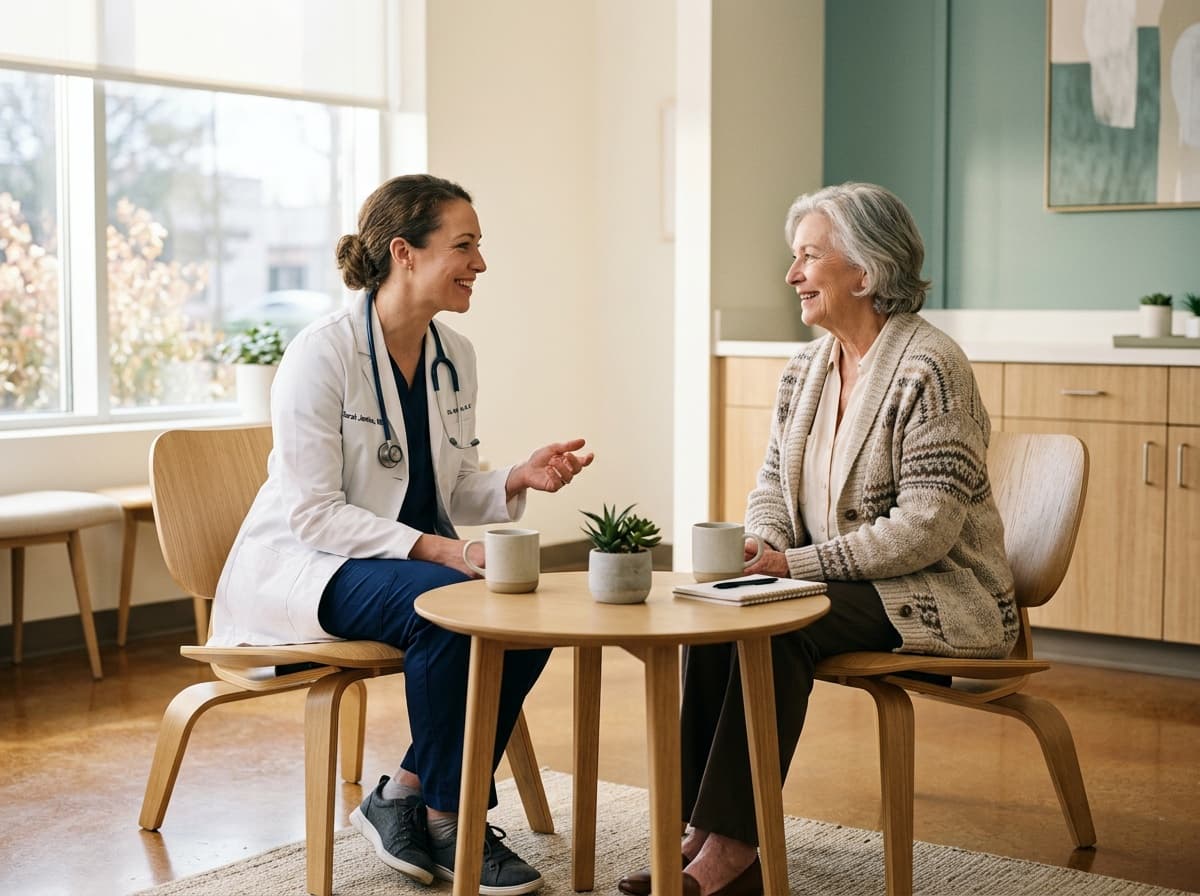 Physician in a calm conversation with an older patient in a bright consultation room