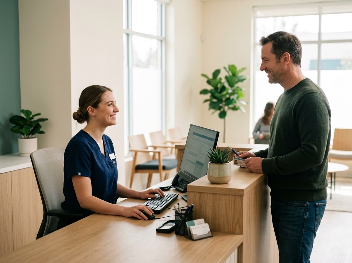 Front-desk staff checking in a patient at a modern medical practice