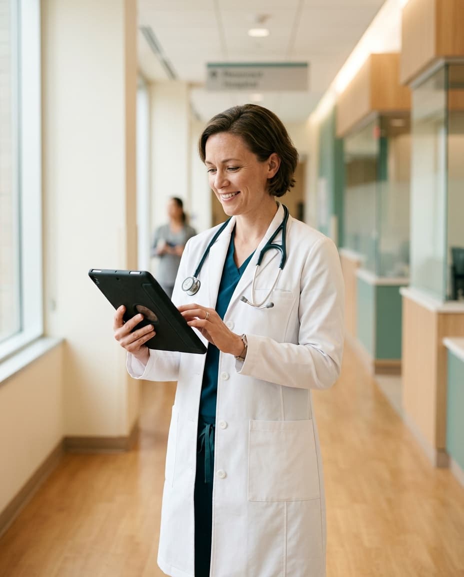 Physician reviewing patient billing details on a tablet in a modern clinic